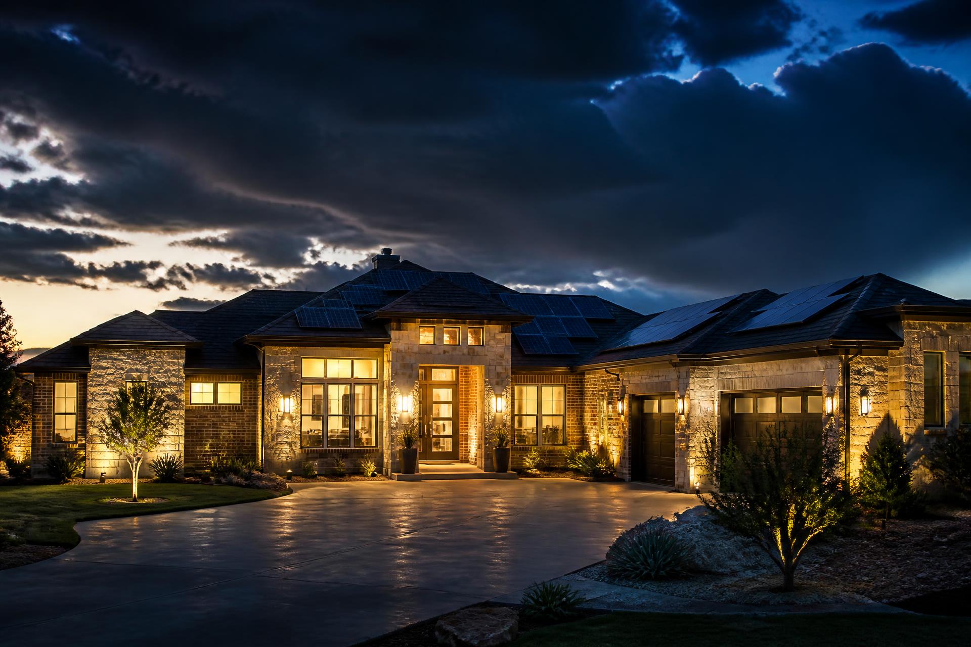 Modern Texas home at dusk with rooftop solar panels